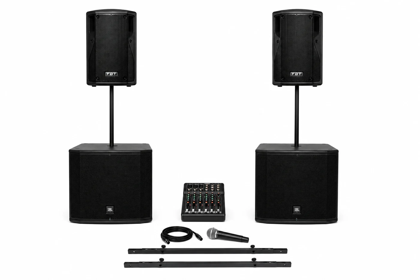 Pack deux enceintes FBT Promaxx 14A sur pieds, deux caissons de basse JBL PRX 918 XLF, table de mixage, micro filaire et deux barres de couplage