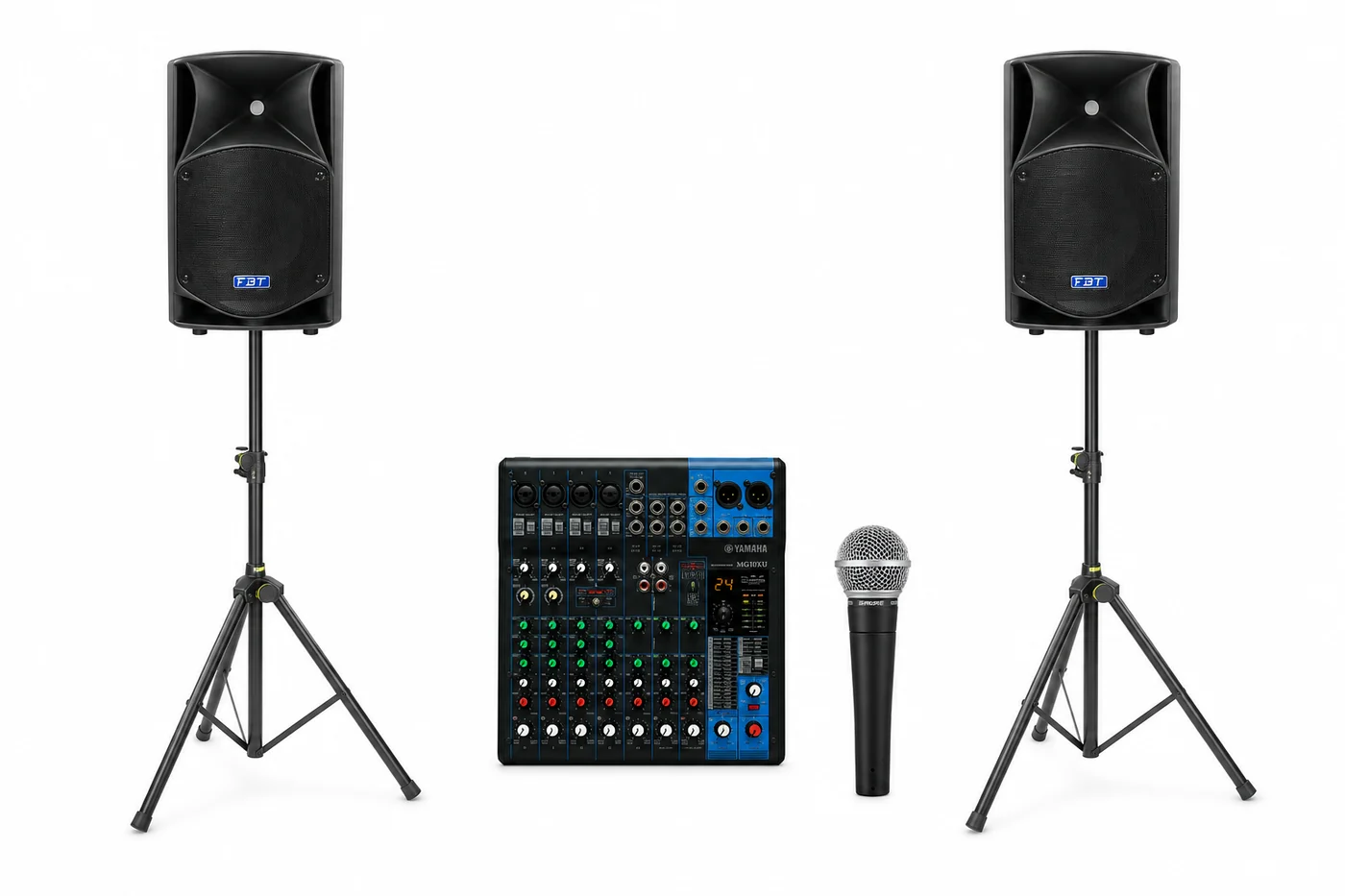 Pack deux enceintes FBT Promaxx 14A avec pieds, table de mixage et micro