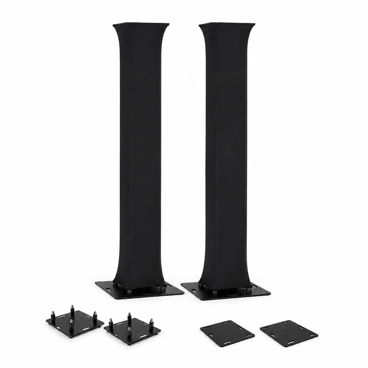 Pack de deux totems truss noirs habillés de lycra, avec deux embases lourdes et deux embases plates